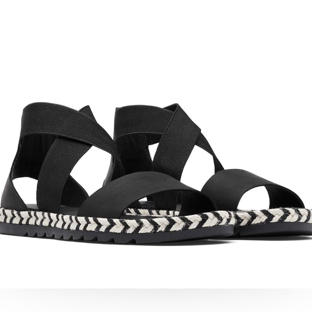 Sorel Ella lI Black Leather Arrow Chevron Jute Espadrille Elastic Sandal EUC SZ9